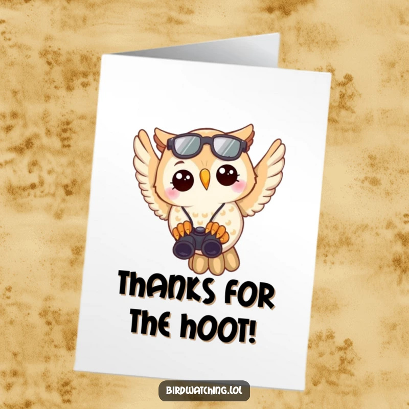 Funny Free Printable Thank You Card: Joyful owl flying, binoculars in talons, spotting kindness, a humorous downloadable thank you.