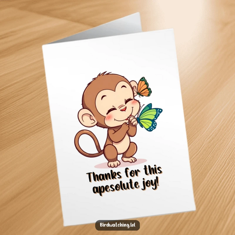 Funny Free Printable Thank You Card: Mischievous monkey tickles a butterfly, a funny way to express thankfulness.