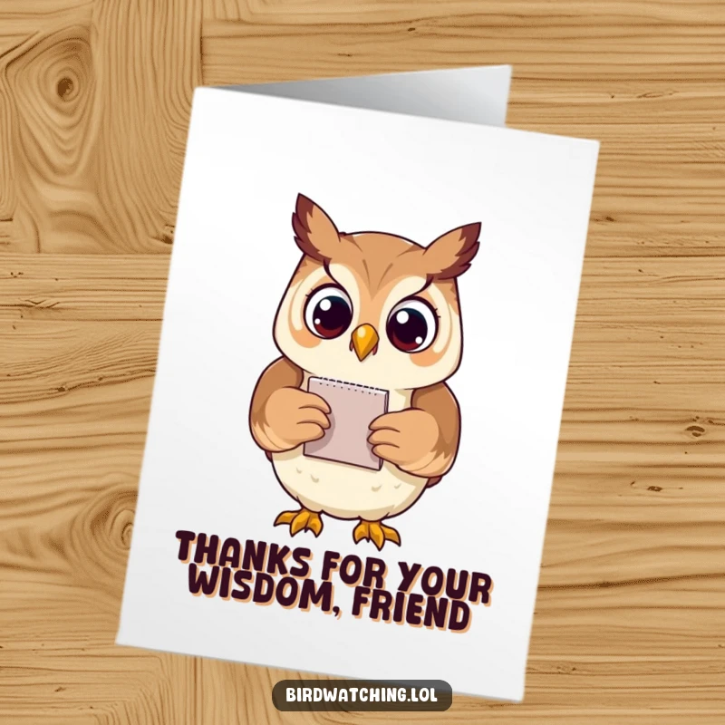 Funny Free Printable Thank You Card: A proud owl with a small notepad, conveying sincere gratitude humorously.