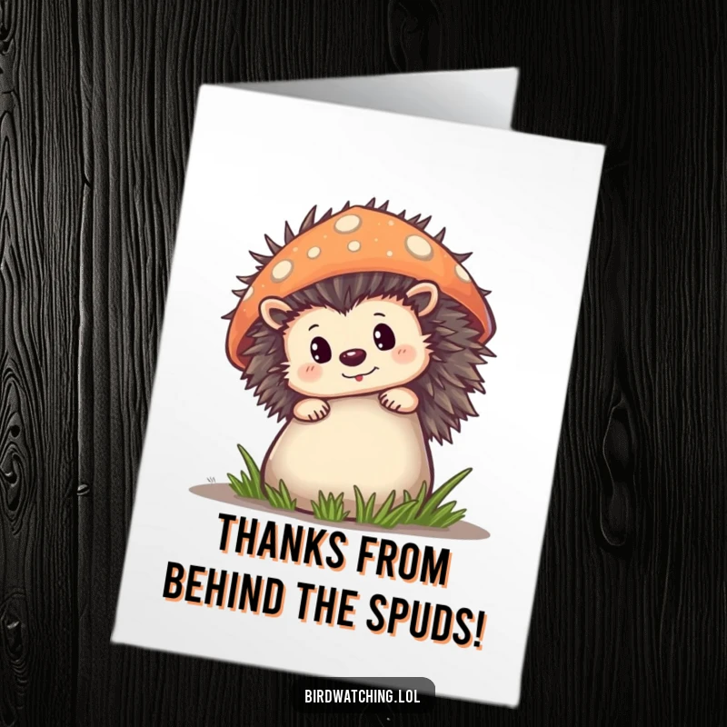Funny Free Printable Thank You Card: A curious hedgehog peeking from behind a large mushroom, giving a grateful peek.