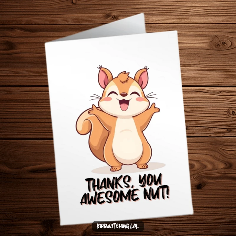Funny Free Printable Thank You Card: Cheerful squirrel gesturing wildly to the sky, expressing gratitude happily, a humorous download.