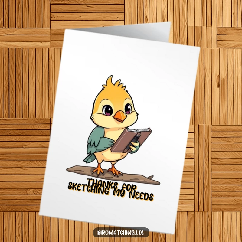 Funny Free Printable Thank You Card: A determined bird watcher with a sketchbook, attentively looking. Thoughtful downloadable art.