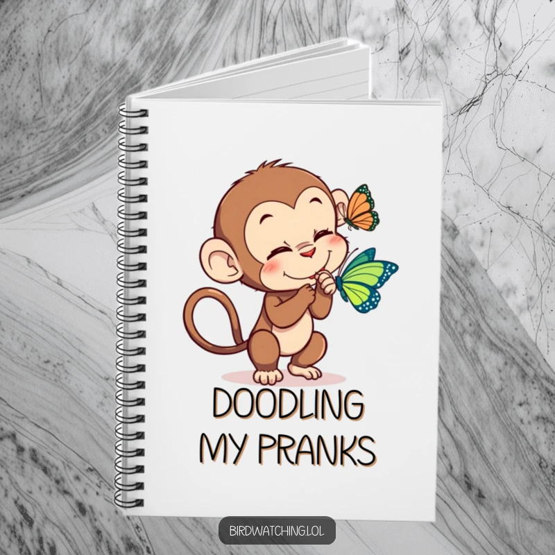 Funny monkey tickle notebook, featuring a playful monkey tickling a butterfly, perfect for journaling and creative writing.