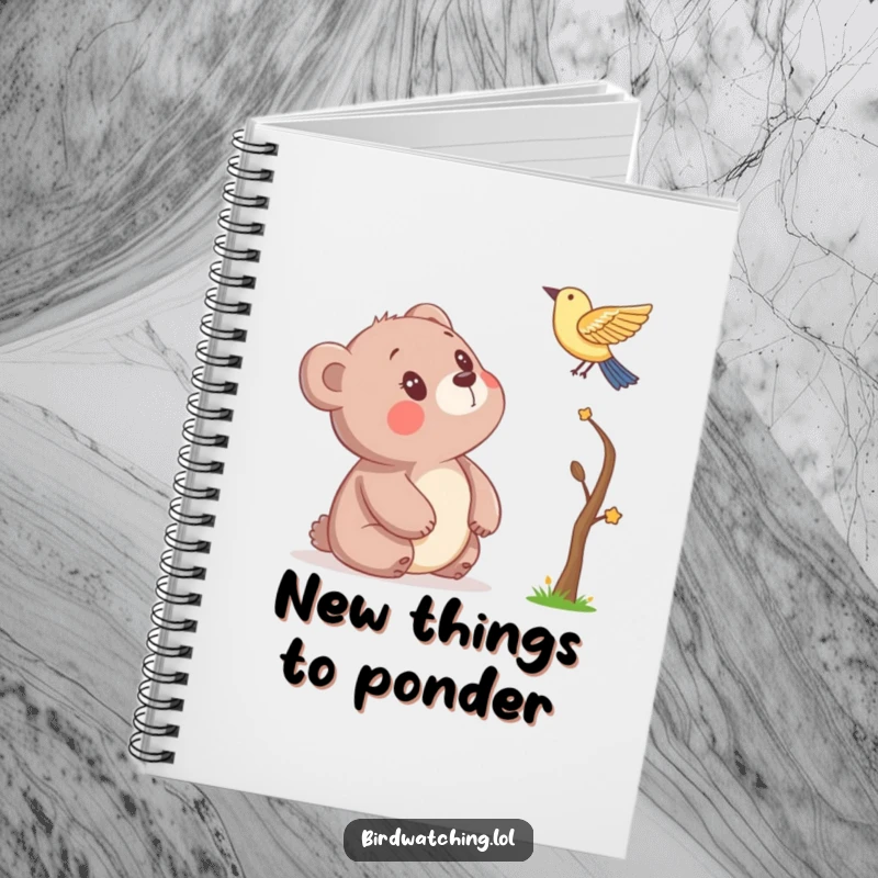 Funny notebook with a curious bear looking up at a bird, ideal for writing or sketching, offering a humorous and inspiring design for note-taking, a unique gift.