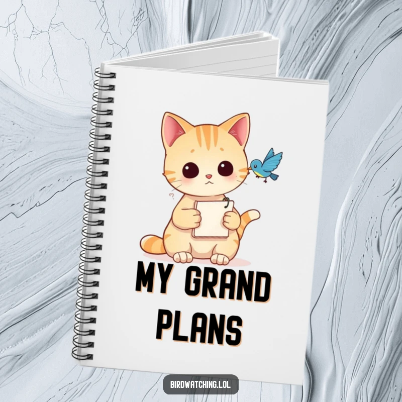 Funny Notebook with a curious cat holding a notepad, observing a bird, perfect for journaling.