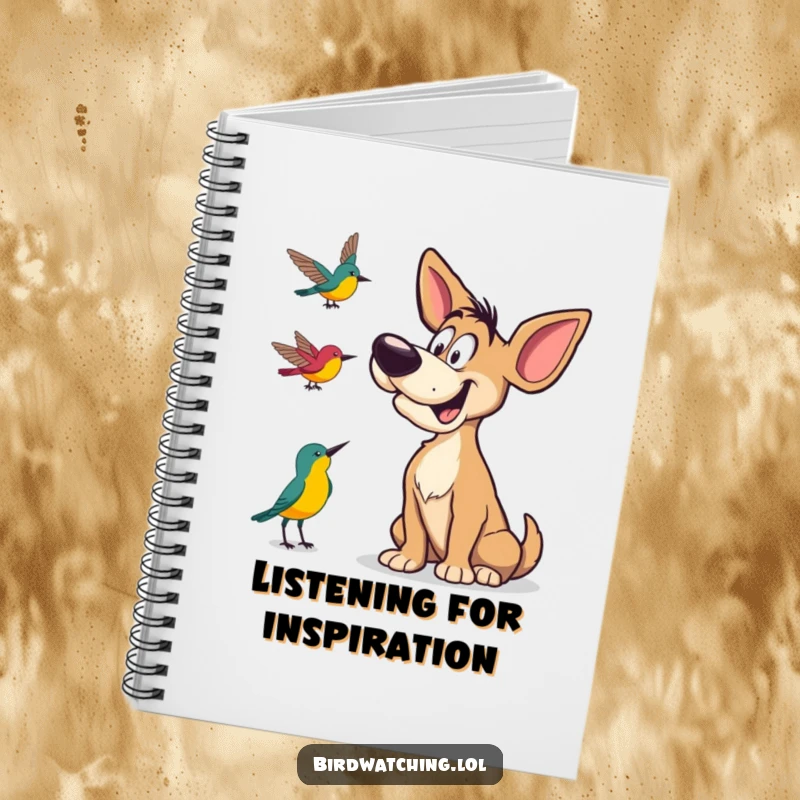 Funny Notebook with a goofy dog tilting its head to listen, designed for humorous note-taking.