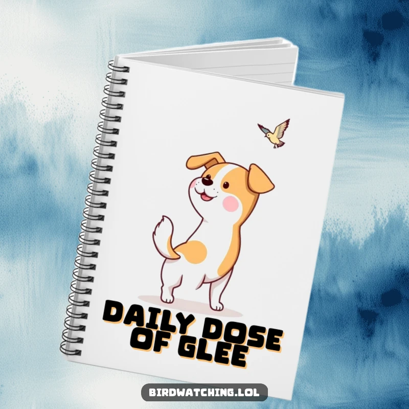 Funny Dog Notebook: Hopeful dog character wagging its tail, spotting a bird, perfect for jotting notes. Cute idea.