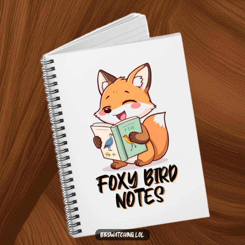 Funny notebook with a gleeful fox and a bird identification book, perfect for jotting down notes, ideas, or bird sightings.