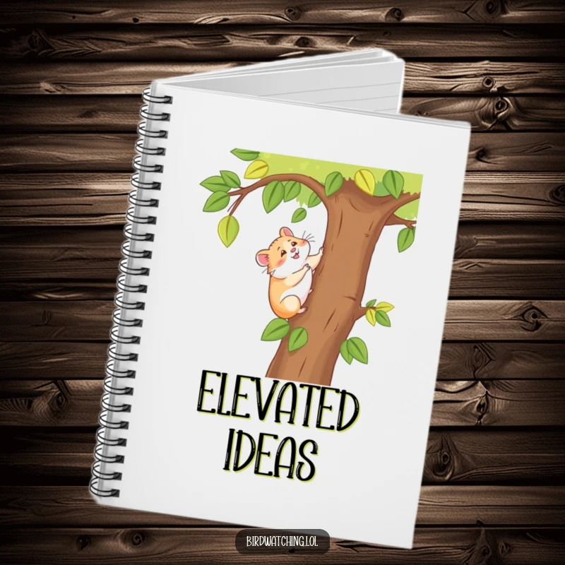 Funny happy hamster notebook, featuring a cheerful hamster climbing a tree for a better view, perfect for journaling.