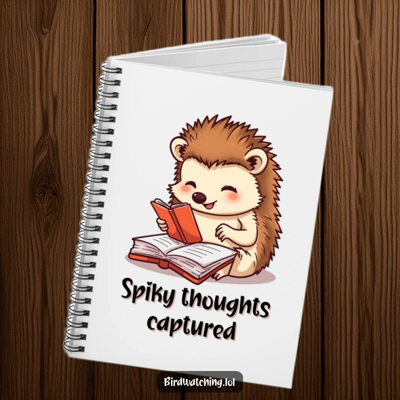 Funny notebook featuring a happy hedgehog meticulously journaling, ideal for note-taking, offering a humorous and inspiring design for writers, a unique gift.