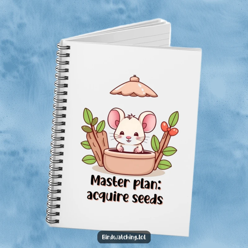 Funny Mouse Notebook: Silly mouse character hiding behind a bird feeder, perfect for jotting notes. Cute idea.