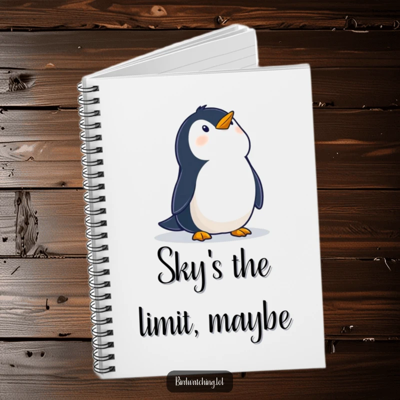 Funny notebook cover with a wobbly penguin looking up at the sky with wonder, ideal for journaling with a touch of whimsical inspiration.