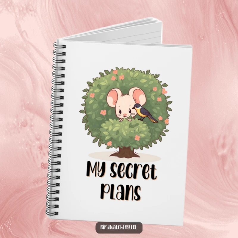 Funny shy mouse notebook, peeking from behind a bush to watch a bird, great for journaling funny ideas.