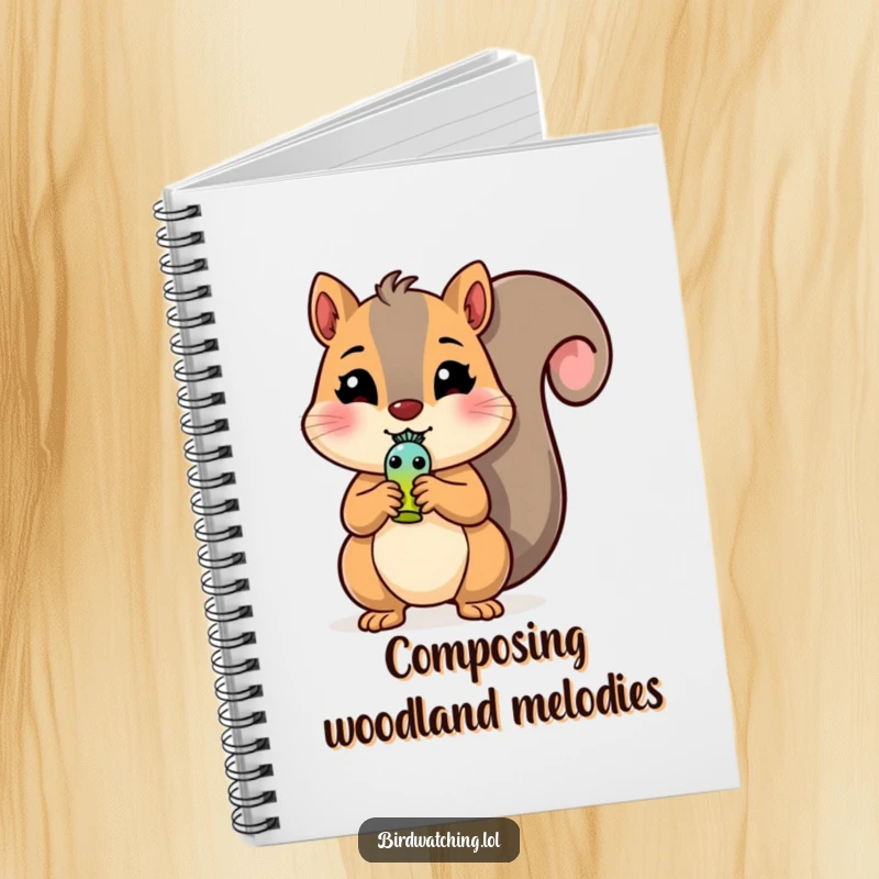 Funny Squirrel Notebook: Cheerful squirrel character holding a miniature bird whistle, perfect for jotting notes. Cute idea.