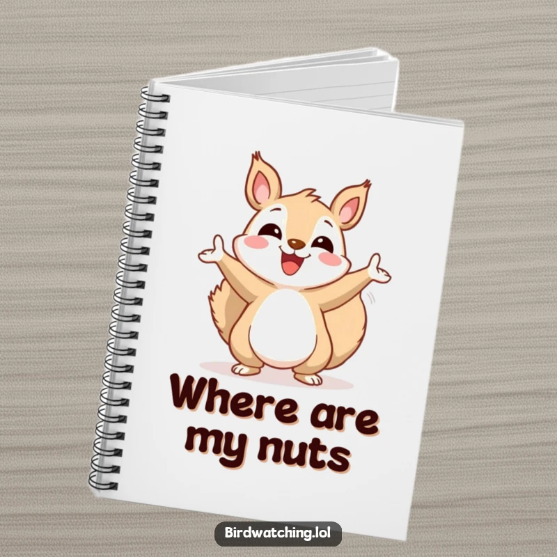 Funny squirrel notebook, cheerfully gesturing wildly towards the sky, a charming journal for thoughts and doodles.