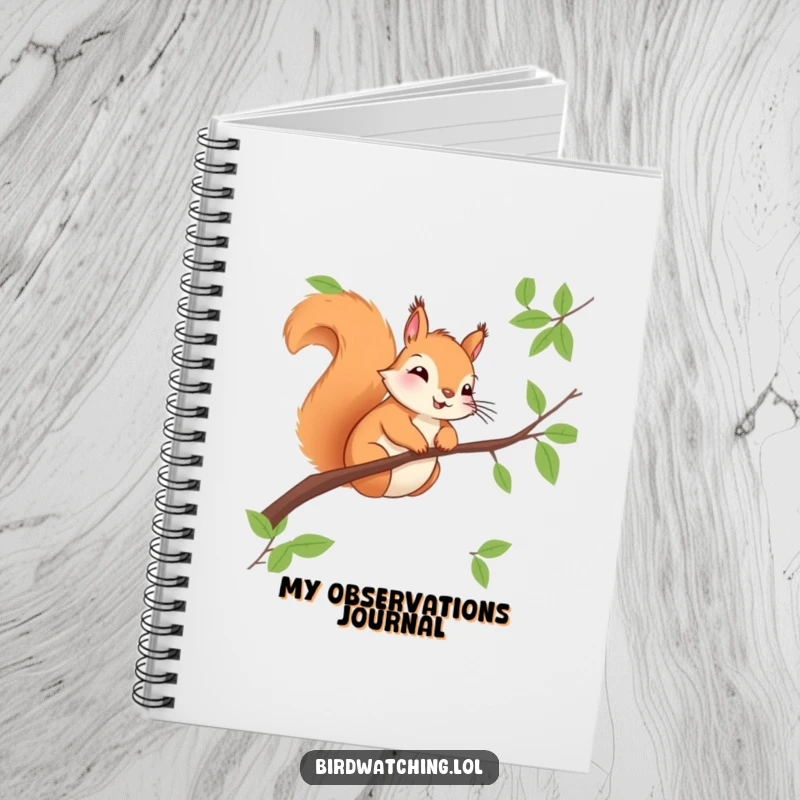 Funny squirrel notebook, cheerfully observing from a branch, ready to record. Ideal for notes.