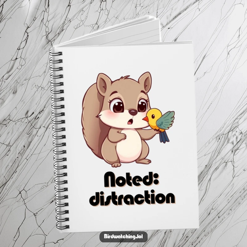 Funny notebook with a surprised squirrel with wide eyes spotting a colorful bird, designed for capturing notes with a sense of wondrous observation.
