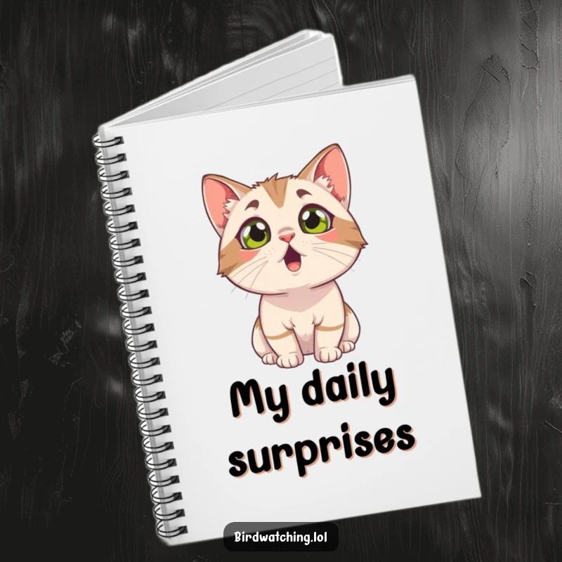 Funny surprised cat notebook, eyes wide with shock, ready to record unexpected thoughts. Ideal for notes.