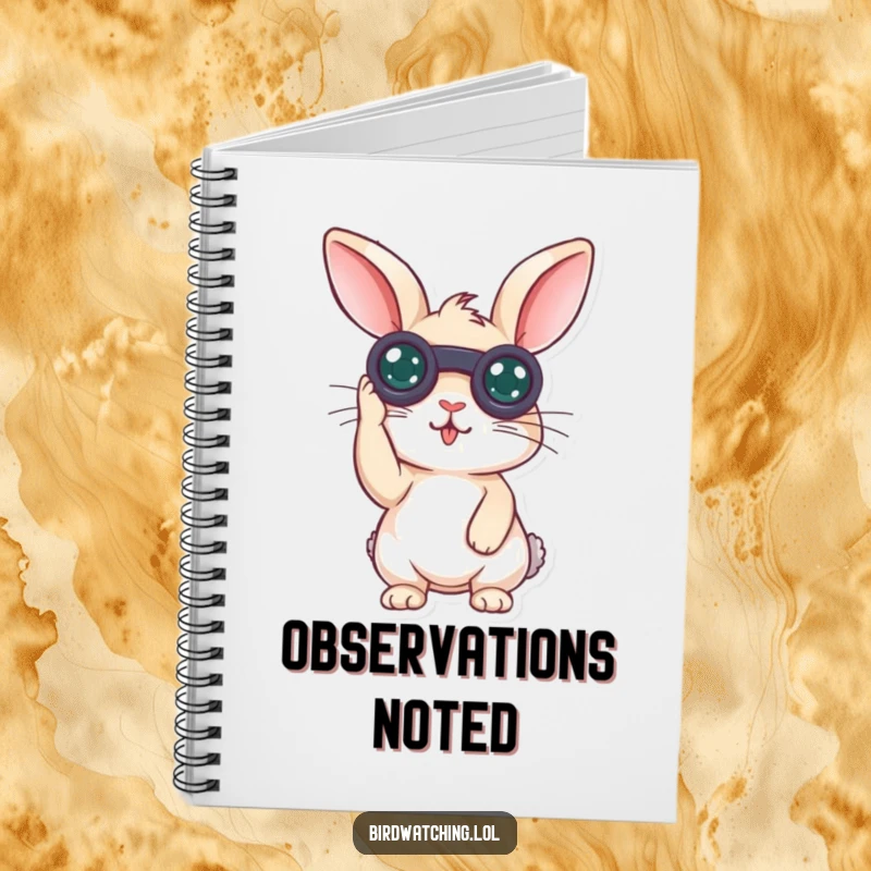 Funny surprised rabbit notebook featuring a curious bunny with binoculars, looking surprised, ideal for notes and journaling.