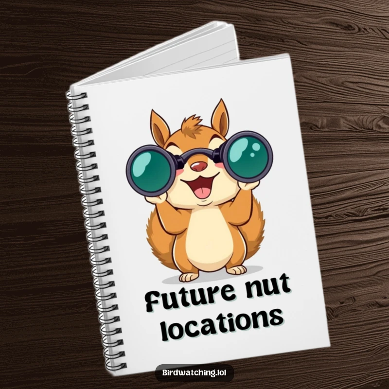 Funny excited squirrel with binoculars, planning its next adventure, perfect notebook for ideas.