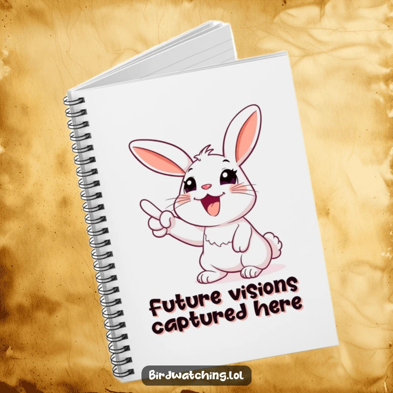 Funny rabbit notebook, excitedly pointing at the sky, ready to jot down exciting plans. Ideal for notes.