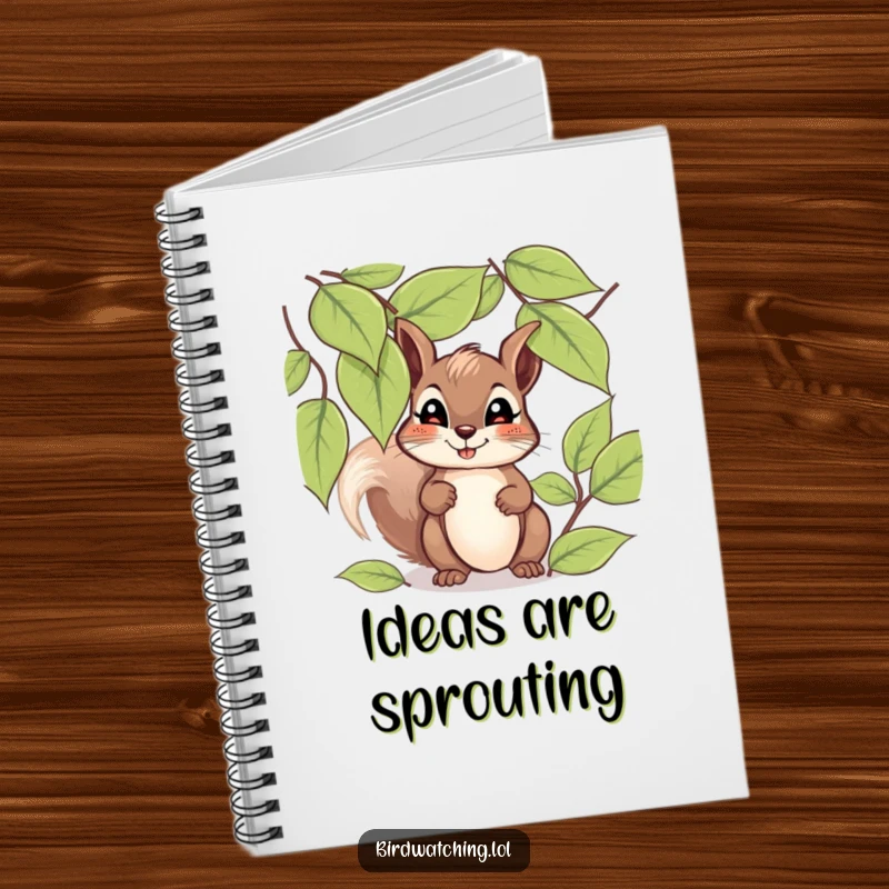 Funny giggling squirrel notebook featuring a happy squirrel peeking through leaves with a hopeful expression, ideal for notes.