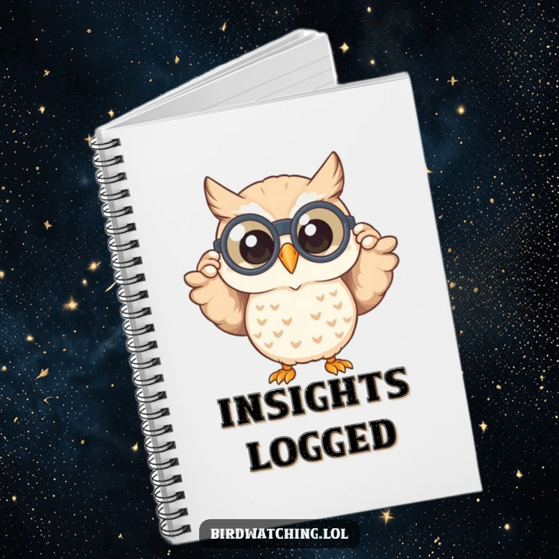 Funny notebook with a happy owl peeking through binoculars with a wide smile, designed for capturing notes with a sense of joyful discovery.