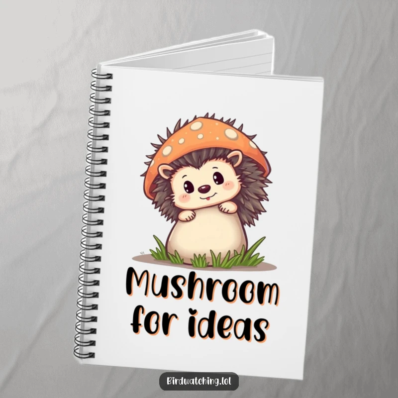 Funny Notebook with a curious hedgehog peeking from behind a mushroom, designed for whimsical note-taking.