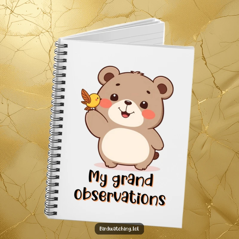 Funny notebook cover featuring a happy bear pointing excitedly at a small, fluttering bird, ready to observe.