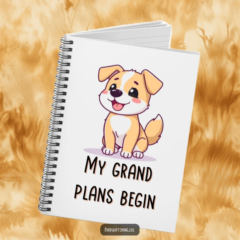 Funny dog horizon notebook, beaming dog wagging tail, scanning, perfect for notes and plans, humorous gift.