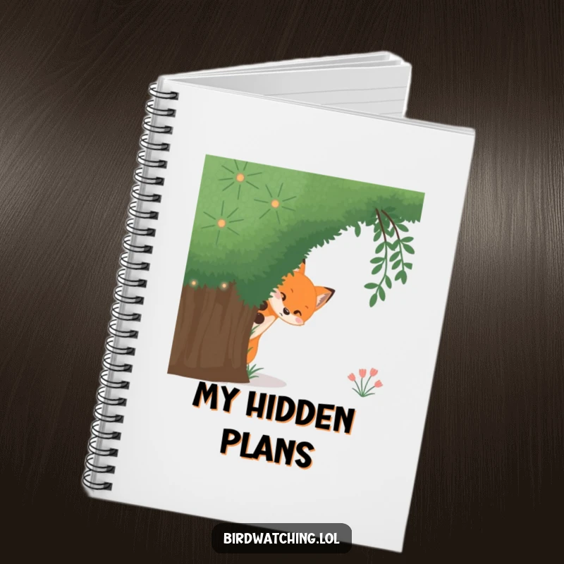 Funny curious fox notebook, featuring a shy fox peeking from behind a bush, perfect for journaling and note-taking.