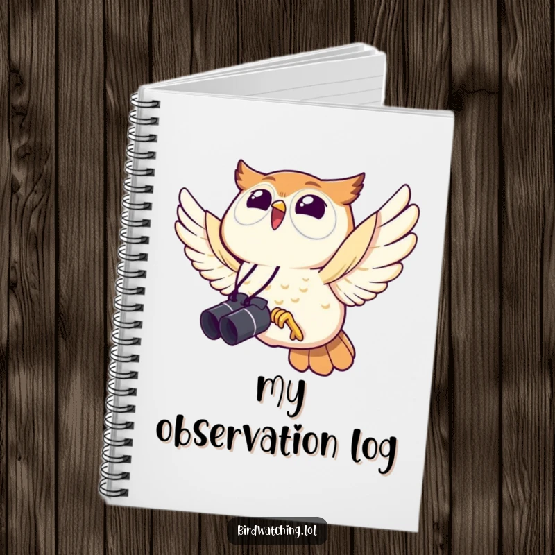 Funny owl notebook, joyfully flying with binoculars, a whimsical journal for bird watching notes and creative thoughts.