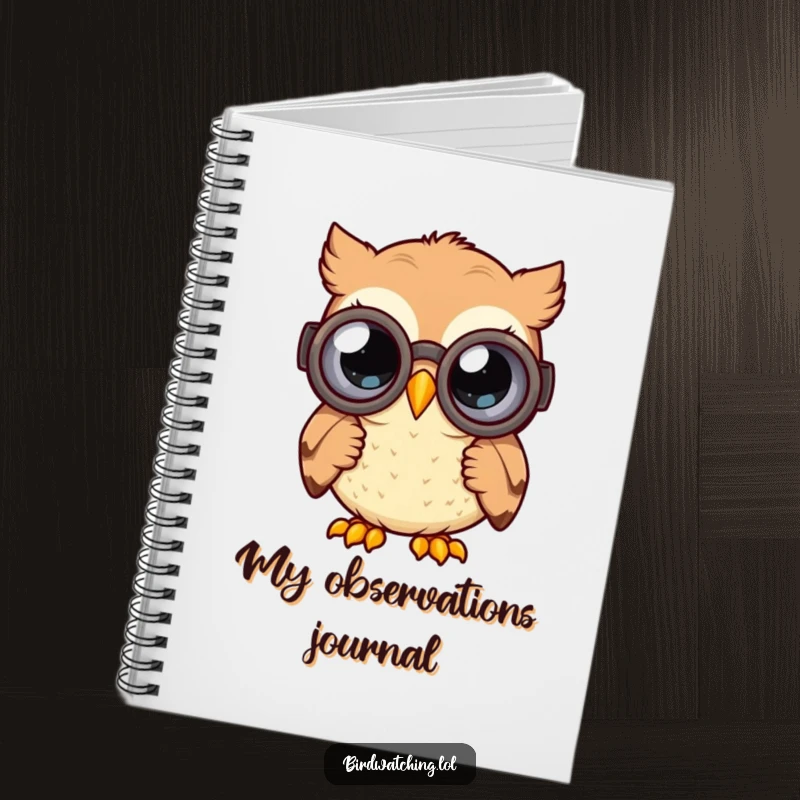 Funny curious owl notebook with a happy owl peering through binoculars with wide, curious eyes, great for journaling and gift.