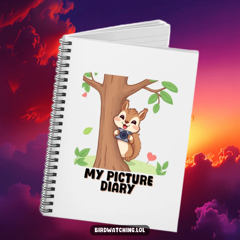 Funny squirrel photographer notebook with a joyful squirrel peeking from behind a tree holding a tiny camera, great for journaling and gift.