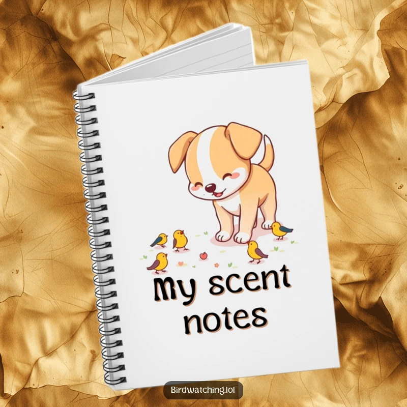 Funny dog notebook, a playful dog sniffing the ground excitedly in search of birds, ideal for jotting down notes.
