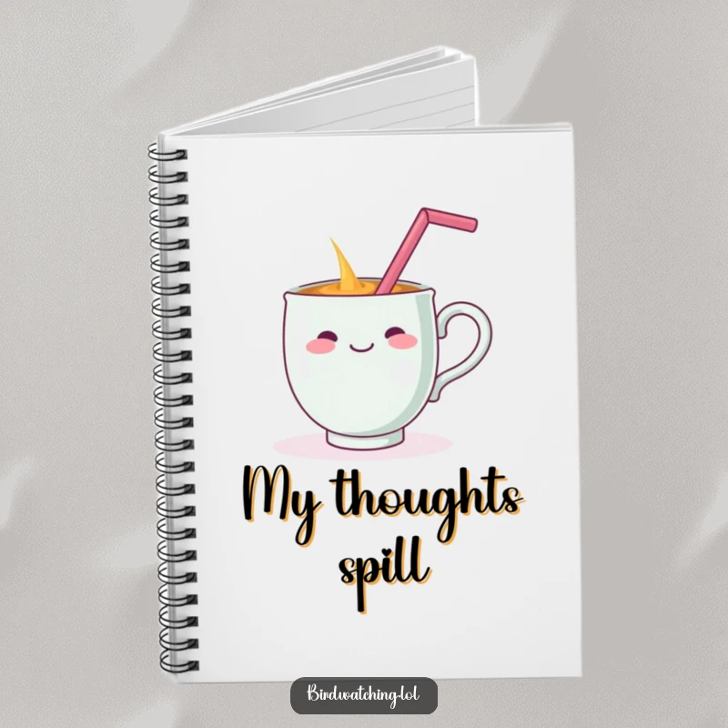 Funny notebook cover with a cheerful teacup dramatically spilling while balancing a straw on its handle, great for journaling humorous events.