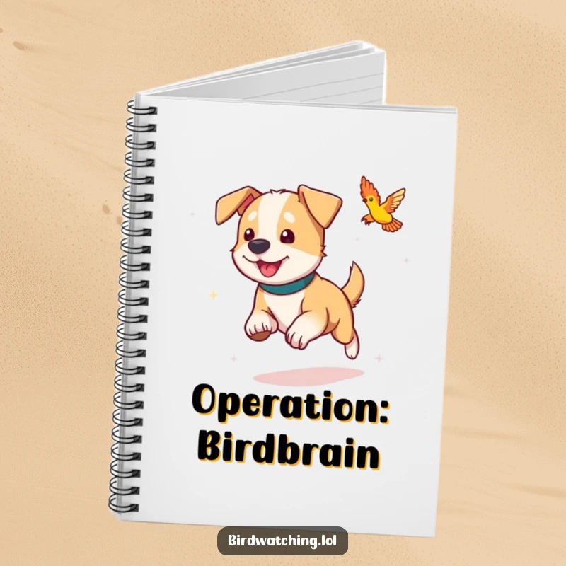 Funny dog notebook, in playful pursuit of a bird, a charming journal for jotting down ideas and doodles.