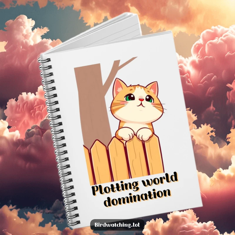 Funny notebook with a surprised cat stretching its neck to see over a fence, perfect for jotting down funny thoughts and ideas.