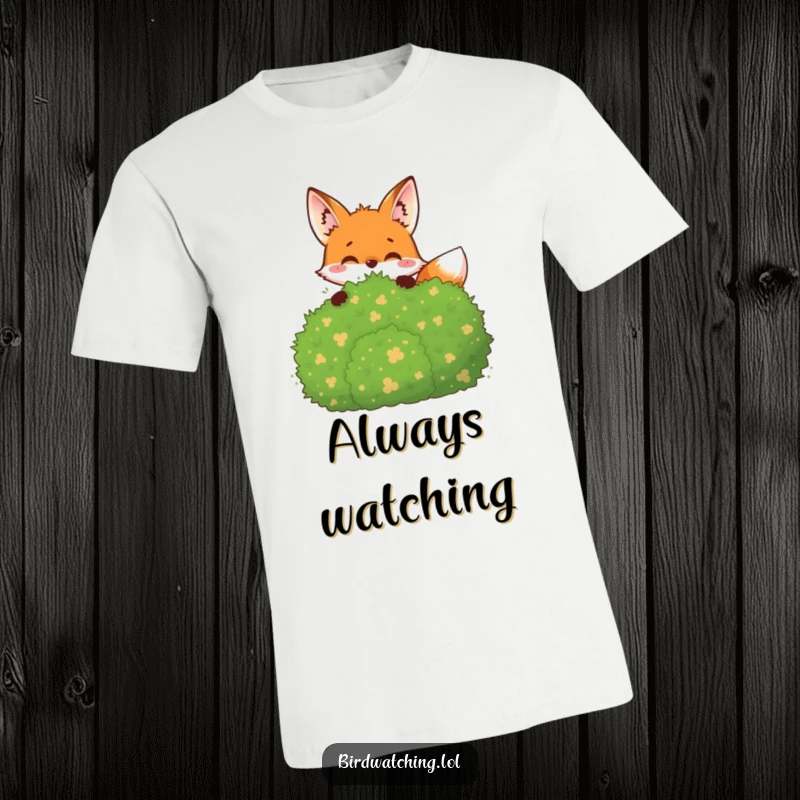 Funny T-Shirt: A joyful fox peeking from behind a bush, observing everything with a playful glint.
