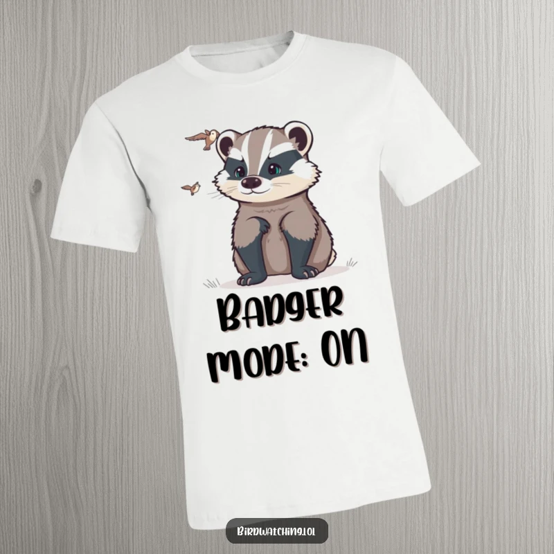 Funny determined badger t-shirt of a badger intently watching a distant target, symbolizing focus and humorous vigilance, a great shirt.
