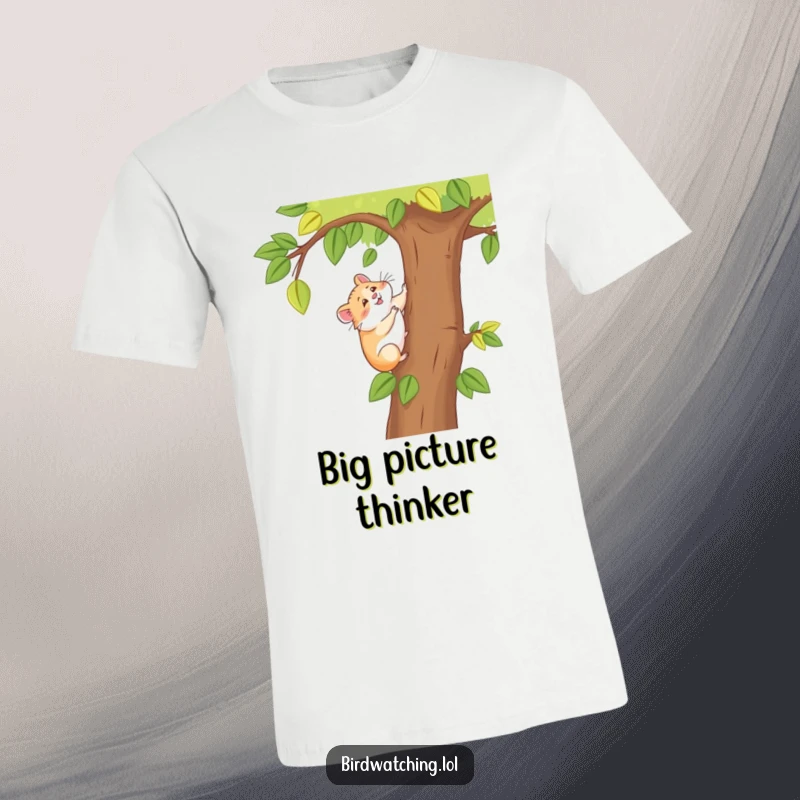 Funny happy hamster t-shirt, a cute hamster joyfully climbing a tree for a better view, radiating happiness.