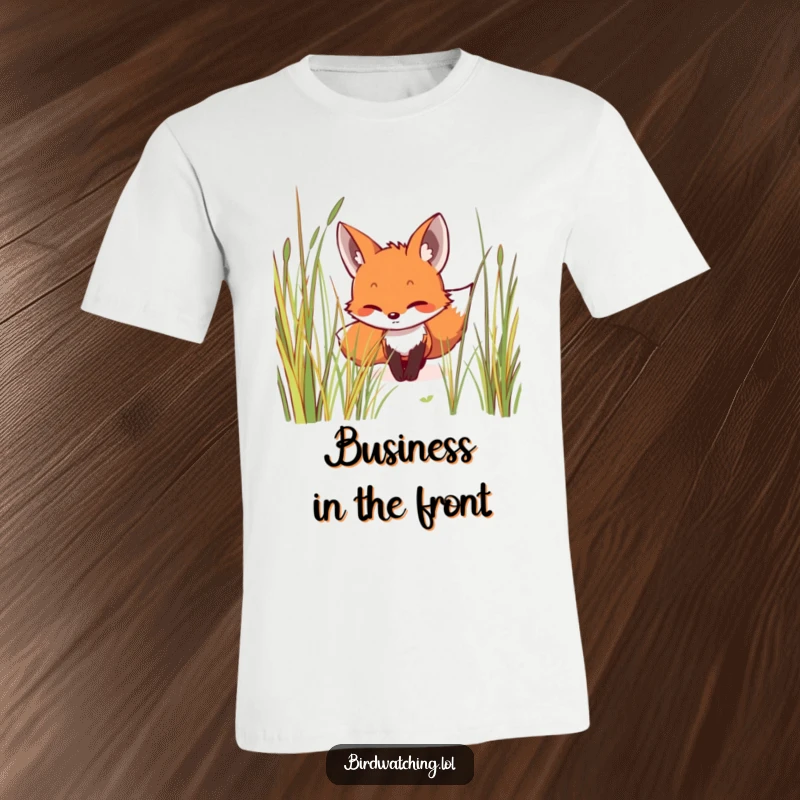 Funny t-shirt showcasing a smiling fox in stealth mode, creeping through tall grass with intense focus, a humorous animal design and great gift.