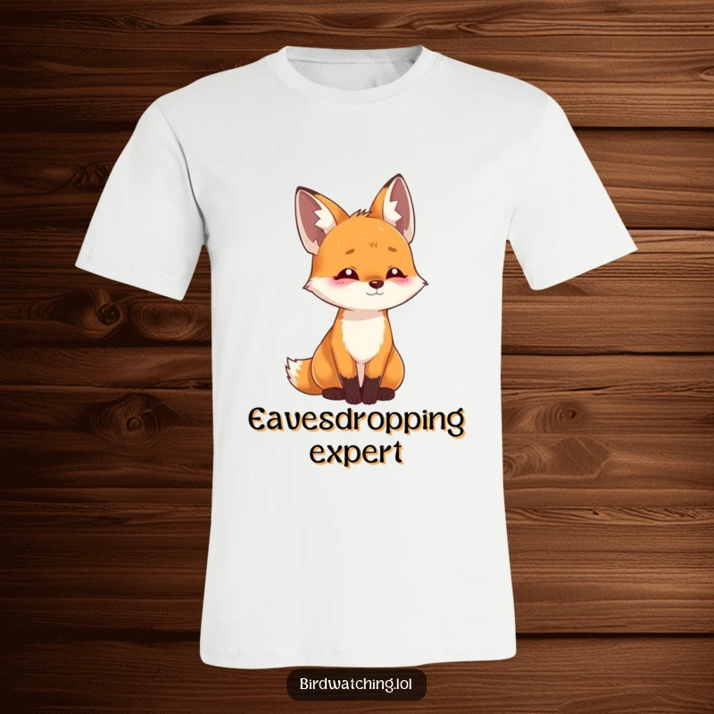 Funny playful fox t-shirt featuring a curious fox tilting its head, listening intently with an intelligent expression, perfect for casual wear.