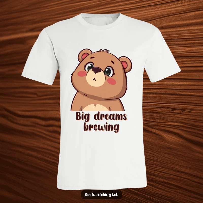 Funny t-shirt showcasing a determined bear gazing upwards with an open mouth in wonder, a humorous depiction of awe and exploration.