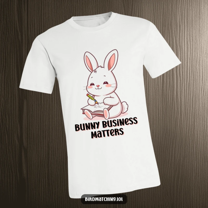 Funny t-shirt featuring a happy rabbit writing in a small journal, ideal for writers and journaling enthusiasts.