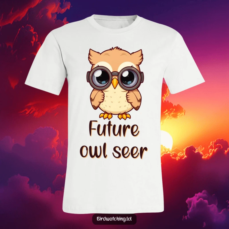 Funny curious owl t-shirt with a happy owl peering through binoculars with wide, curious eyes, a humorous gift.
