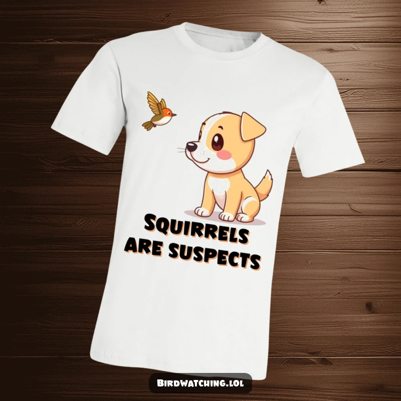 Funny playful dog with alert ears spotting a bird in the distance, on a comfortable t-shirt.