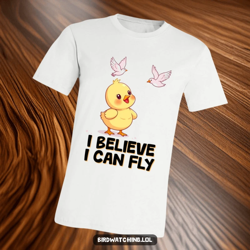 Funny duckling t-shirt, looking up with delight at a flying bird. Captures innocence and wonder. Ideal gift.