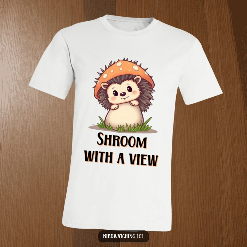 Funny T-Shirt featuring a curious hedgehog peeking from behind a large mushroom, a delightful and humorous forest scene.