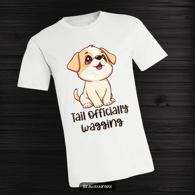 Funny Playful Puppy T-Shirt: A humorous graphic of a puppy wagging its tail and looking upwards with excitement.